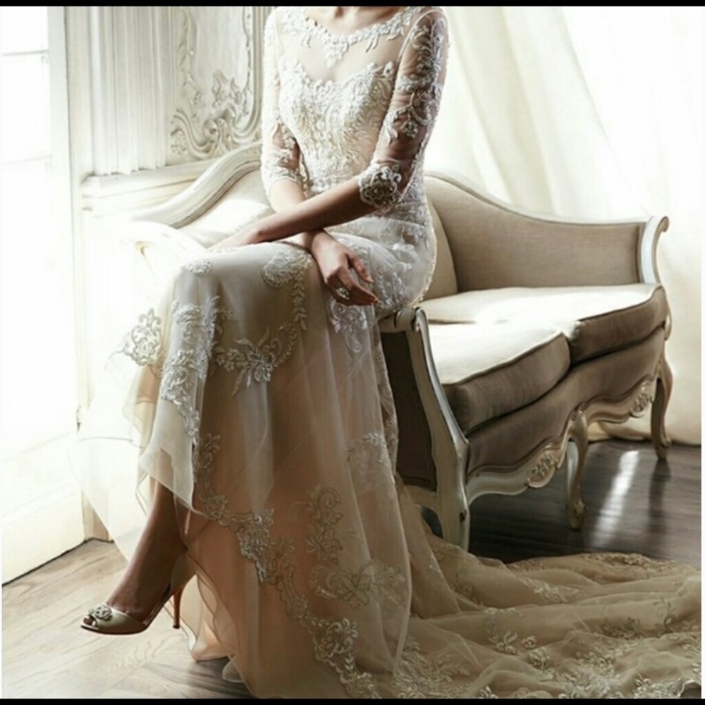Maggie Sottero ivory over nude 3/4 sleeve lace and embellishments size 14